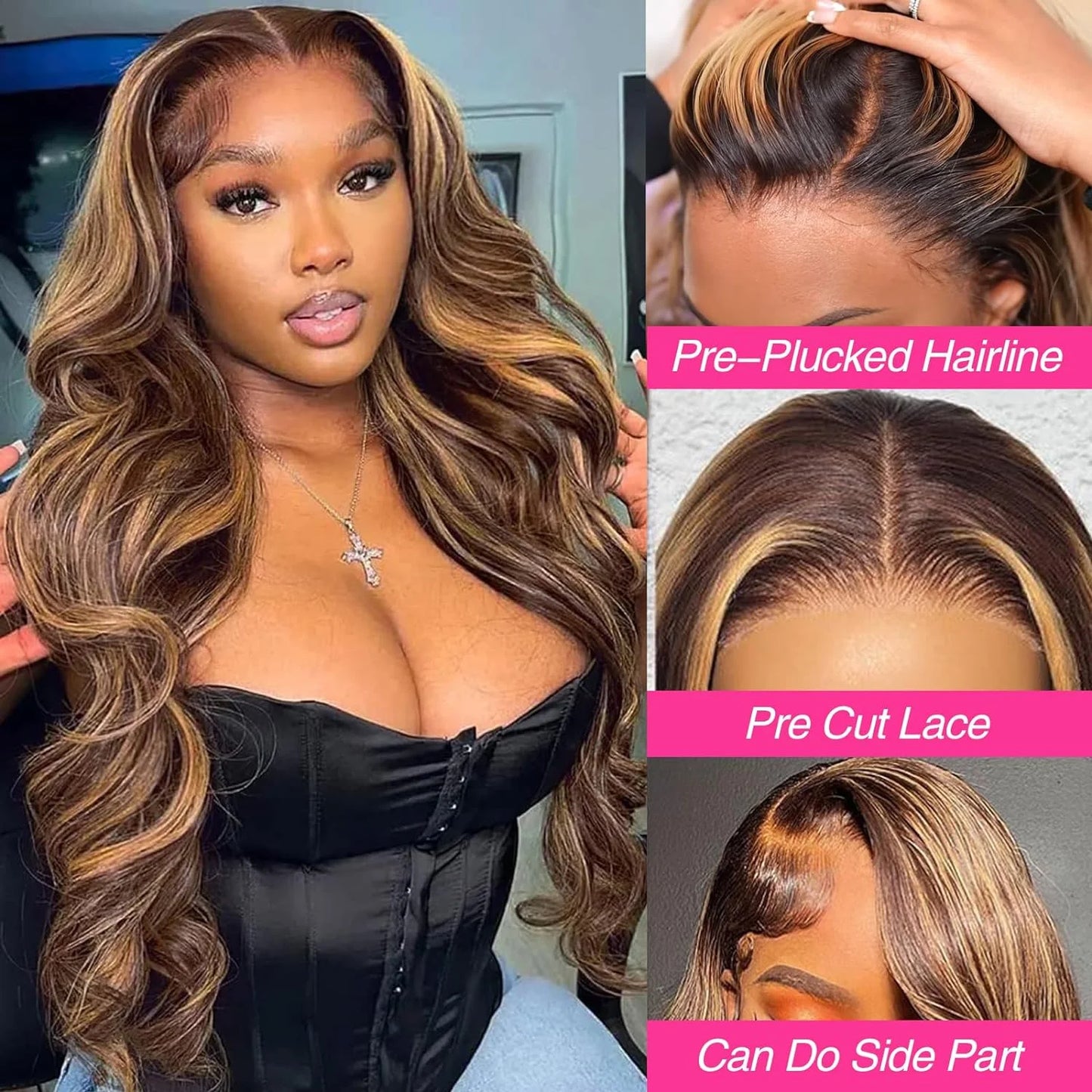 Highlight Ombre Body Wave Lace Front Wig Human Hair 13X4 Frontal Wig Color Highlights Lace Front Wig Brown Blonde Colored Human Hair Wigs for Women Lace Frontal Wigs 180% Density Pre Plucked 28 Inch