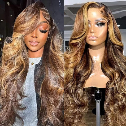 Highlight Ombre Body Wave Lace Front Wig Human Hair 13X4 Frontal Wig Color Highlights Lace Front Wig Brown Blonde Colored Human Hair Wigs for Women Lace Frontal Wigs 180% Density Pre Plucked 28 Inch