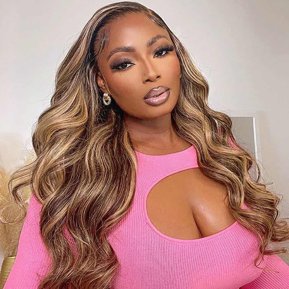 Highlight Ombre Body Wave Lace Front Wig Human Hair 13X4 Frontal Wig Color Highlights Lace Front Wig Brown Blonde Colored Human Hair Wigs for Women Lace Frontal Wigs 180% Density Pre Plucked 28 Inch