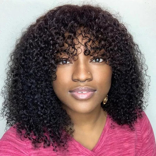 Jerry Curly Bob Cut 100% Human Hair Wigs with Bangs Adjustable Non Lace Wigs for Women