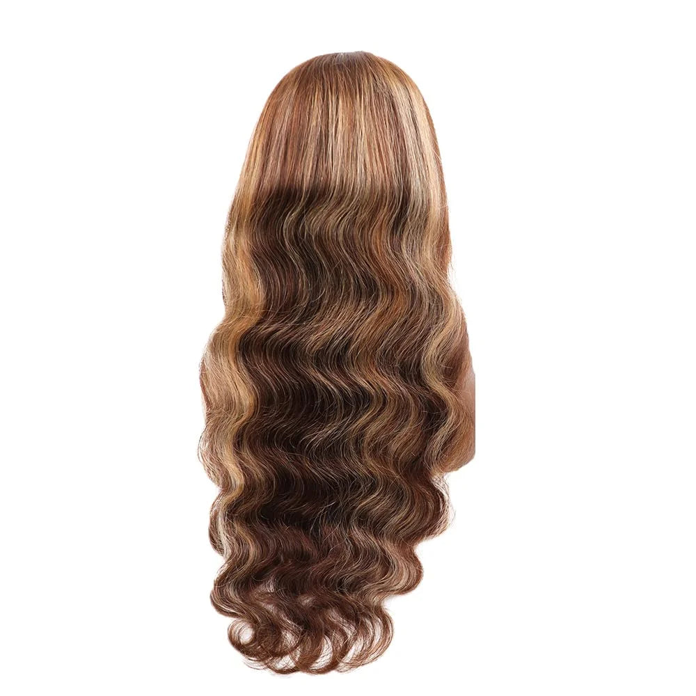 Highlight Ombre Body Wave Lace Front Wig Human Hair 13X4 Frontal Wig Color Highlights Lace Front Wig Brown Blonde Colored Human Hair Wigs for Women Lace Frontal Wigs 180% Density Pre Plucked 28 Inch